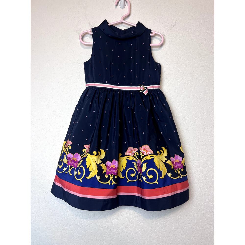 Janie and Jack Girls Navy Blue Floral Scarf Border Dress 3T